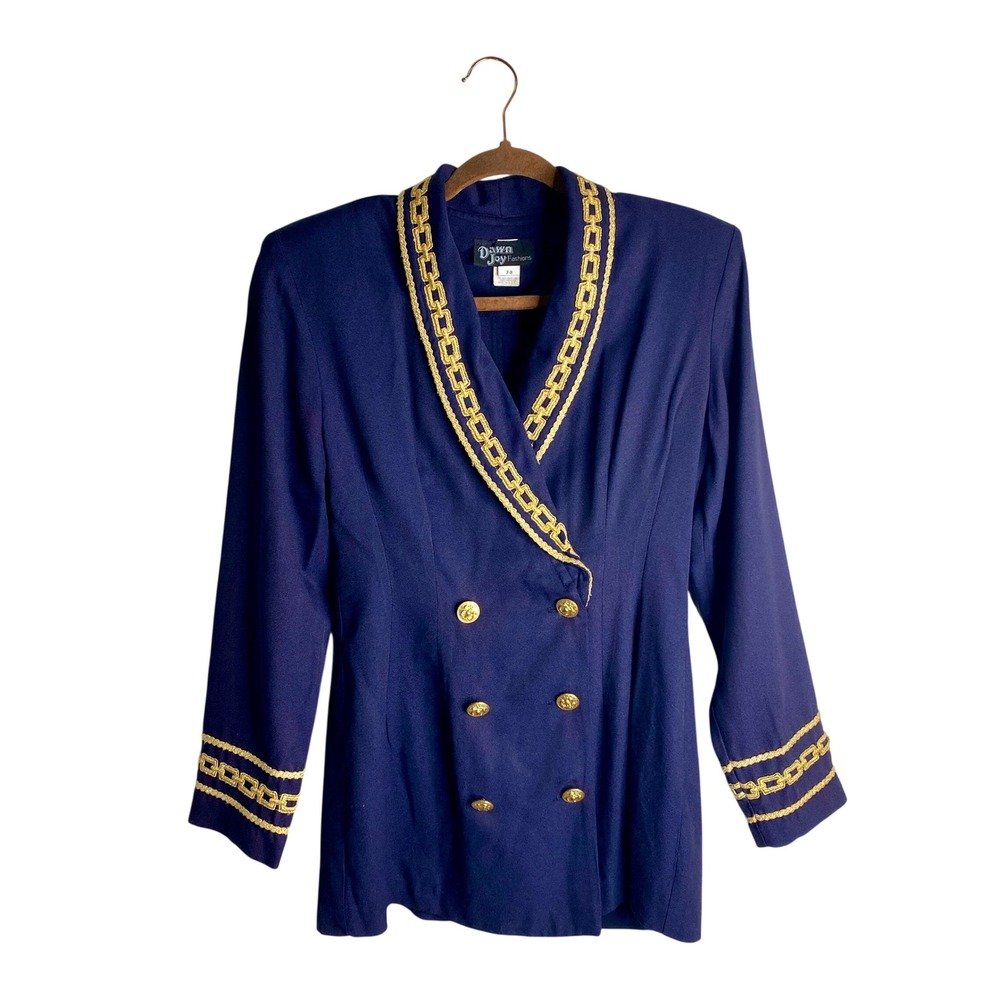 VTG 80s Dawn Joy Gold Trim Nautical Blazer Jacket Double Breasted Dark Purple